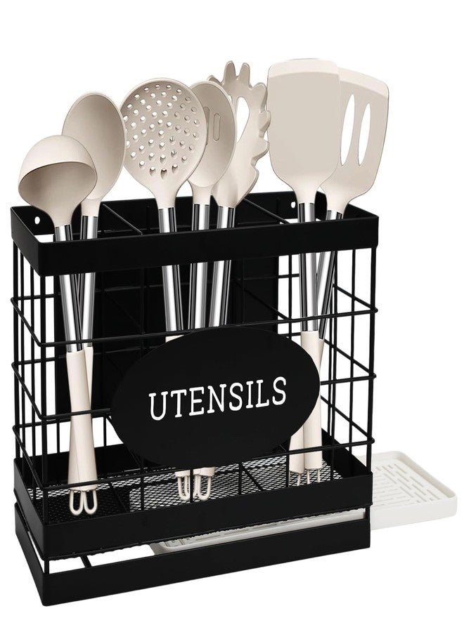 Vivise Magnetic Utensil Holder for Fridge Silverware Organizer Kitchen Utensil Organizer with Draining Kitchen Counter Sturdy Black Metal Cooking Caddy Storage for Silicone Spatula Fork Spoon - Image 1